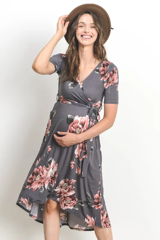 Special Discount Floral High Low Faux Wrap Maternity & Nursing Dress