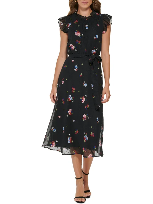 Act Now Womens Chiffon Clip Dot Midi Dress