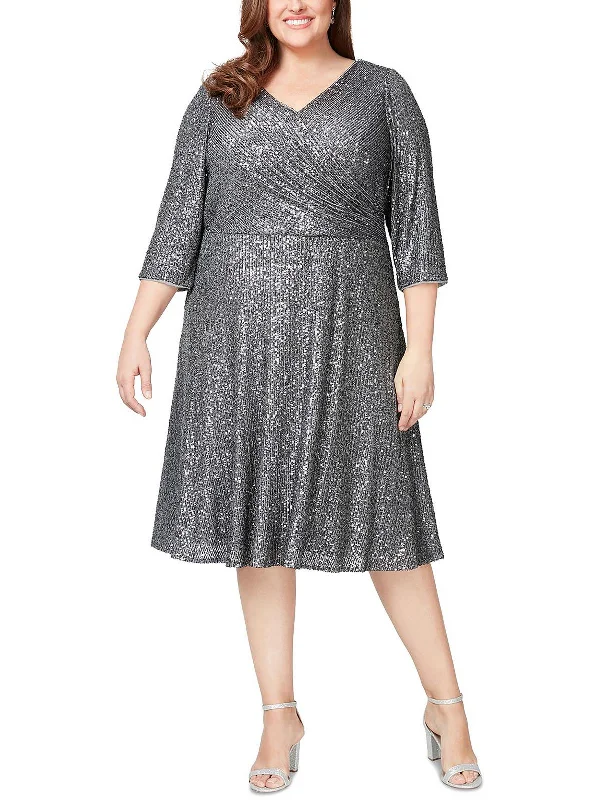 Holiday Sale Womens Sequined Below Knee Cocktail and Party Dress