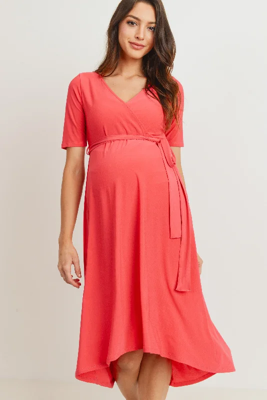 Sale Event Solid Tie Waist High-Low Maternity/Nursing Dress