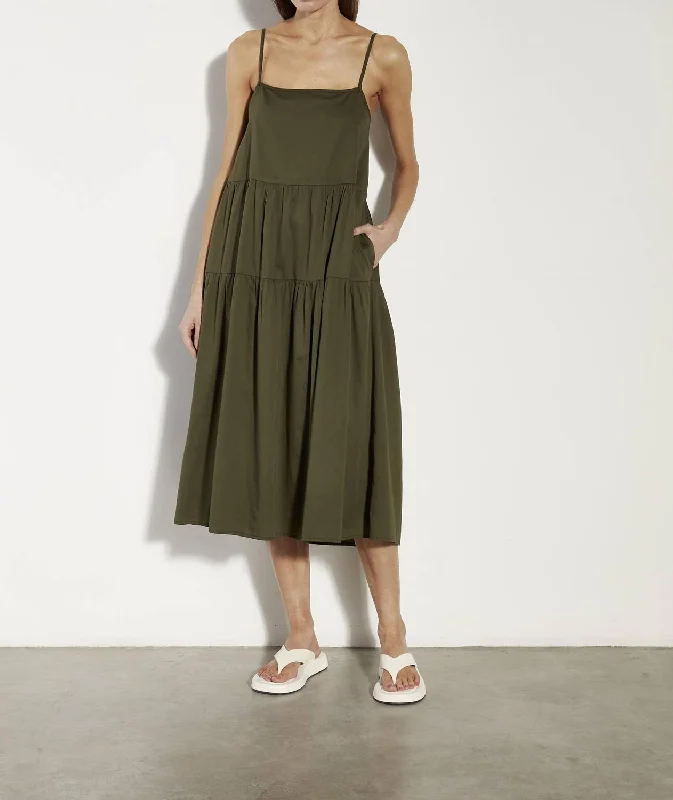 YEAR-End Clearance Cool Cotton Strappy Tiered Dress In Dark Olive