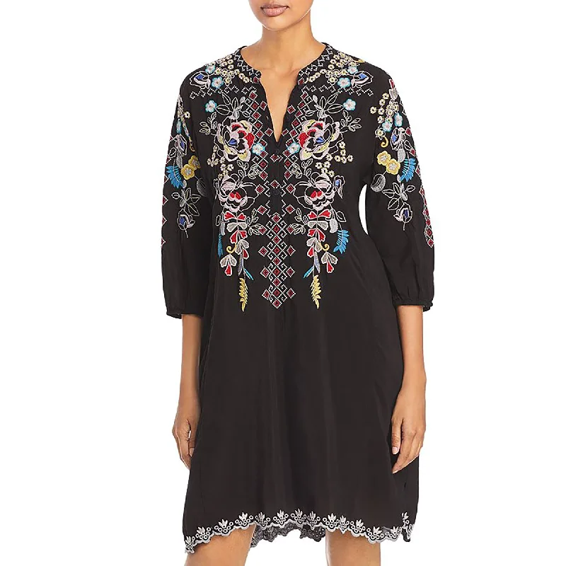 Limited Availability Johnny Was Women's Black Multi Colored Embroidered Nola Shift Dress Casual Knee