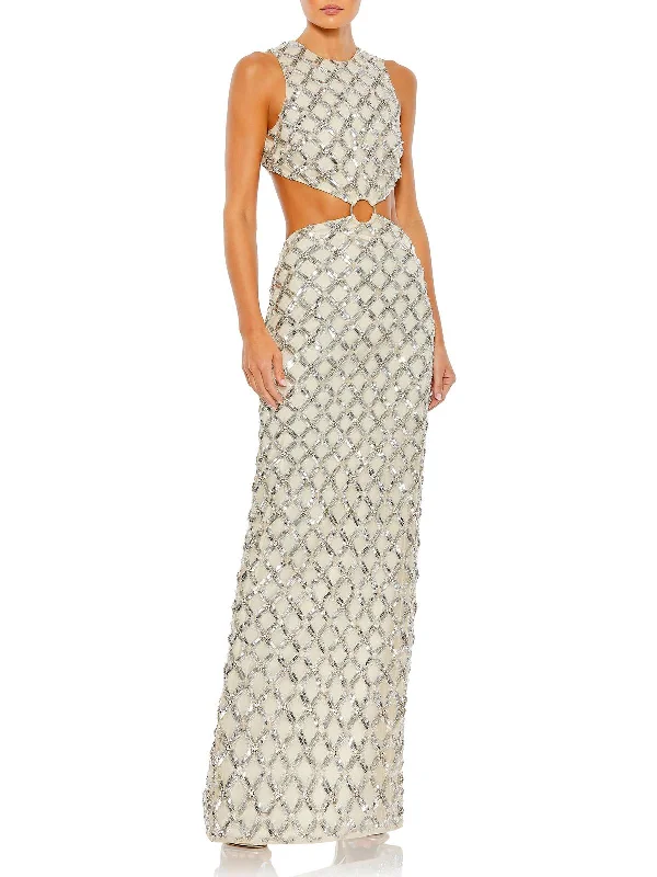 Hurry In Womens Sequin Cut-Out Evening Dress