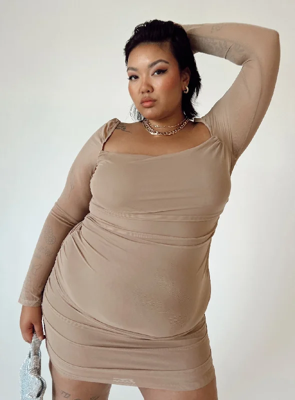 Savings Spectacular Charvi Long Sleeve Mini Dress Tan Curve
