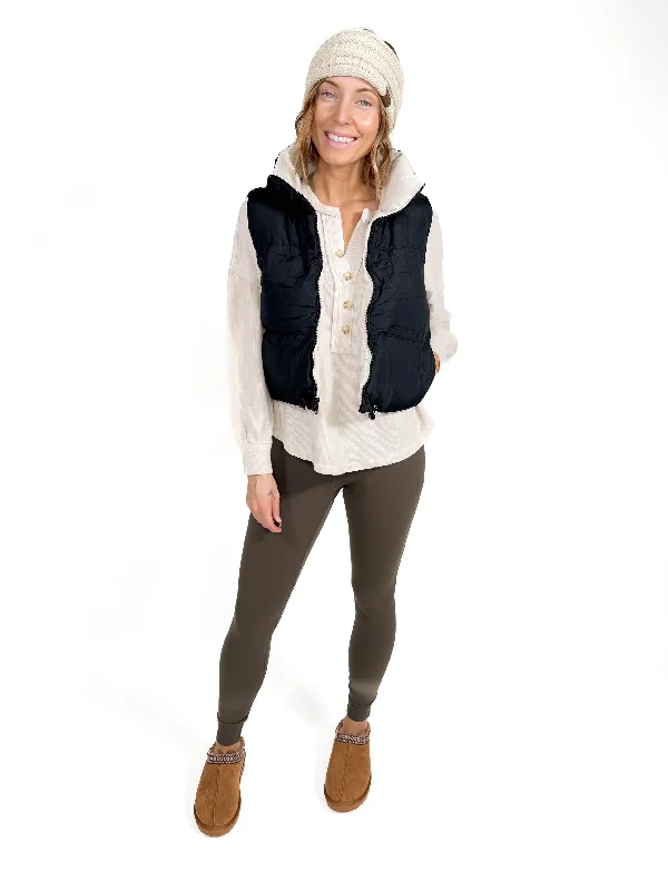 Amazing Deals Cheyanne Crop Puffer Vest- BLACK/COOL BIEGE -FINAL SALE