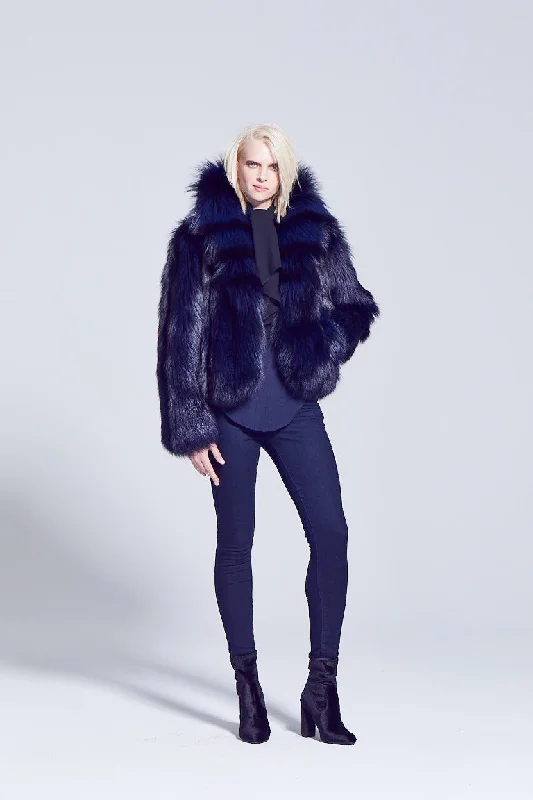 Bargain Prices Anya Navy Silver Fox Fur Jacket