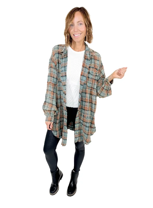 Special Price Fenton Oversized Plaid Button Shacket- VINTAGE TEAL