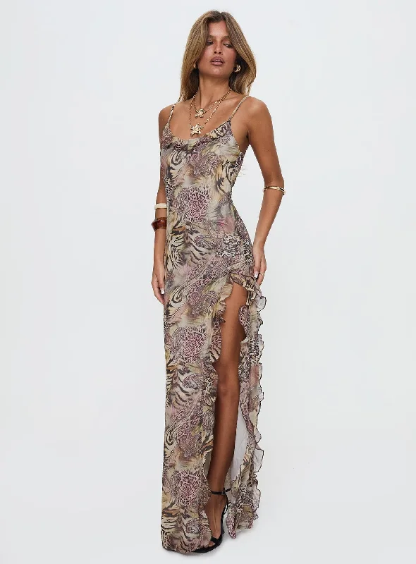 Deal Dash Sympathize Frill Maxi Split Dress Multi