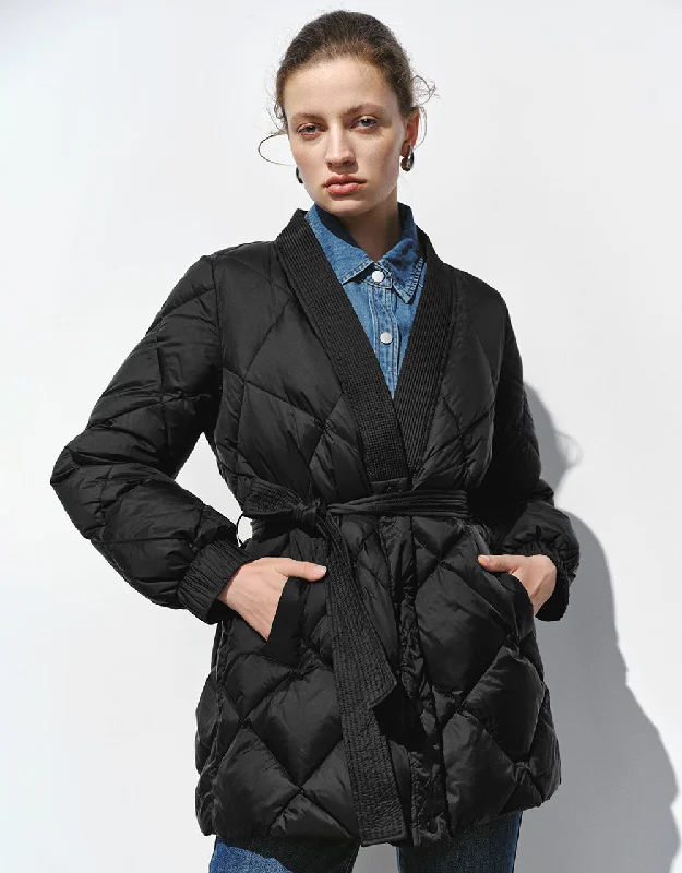 Limited Time Discount Embossed V-Neck Down Jacket With Belt