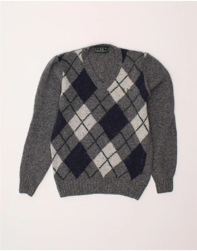Factory Direct Sale FRED PERRY Womens V-Neck Jumper Sweater UK 12 Medium Grey Argyle/Diamond