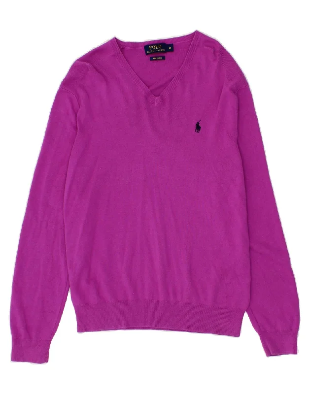 Hot Deal POLO RALPH LAUREN Womens V-Neck Jumper Sweater UK 12 Medium Purple Cotton