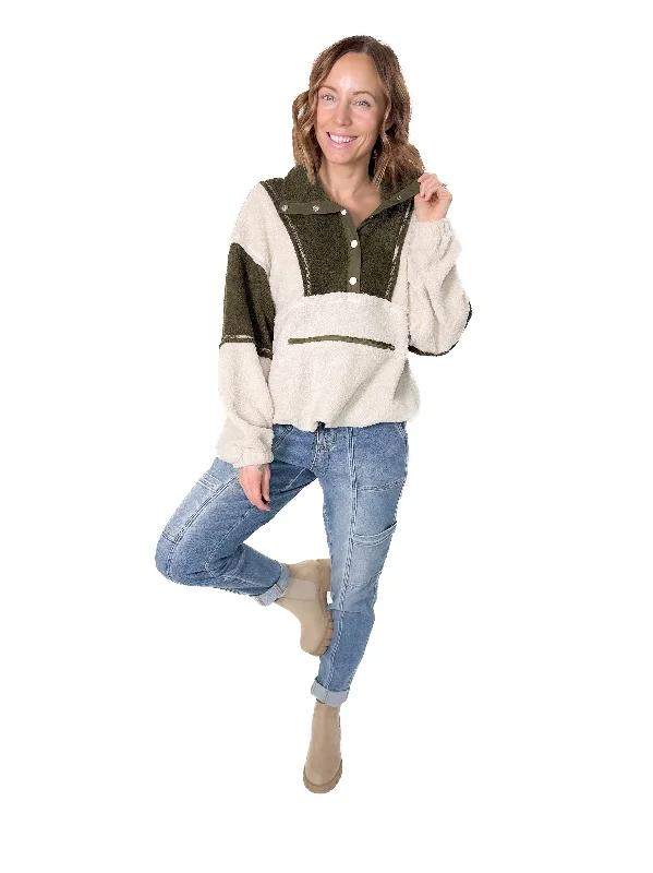 Can't Miss Roxy Colour Block Sherpa- OATMEAL/OLIVE
