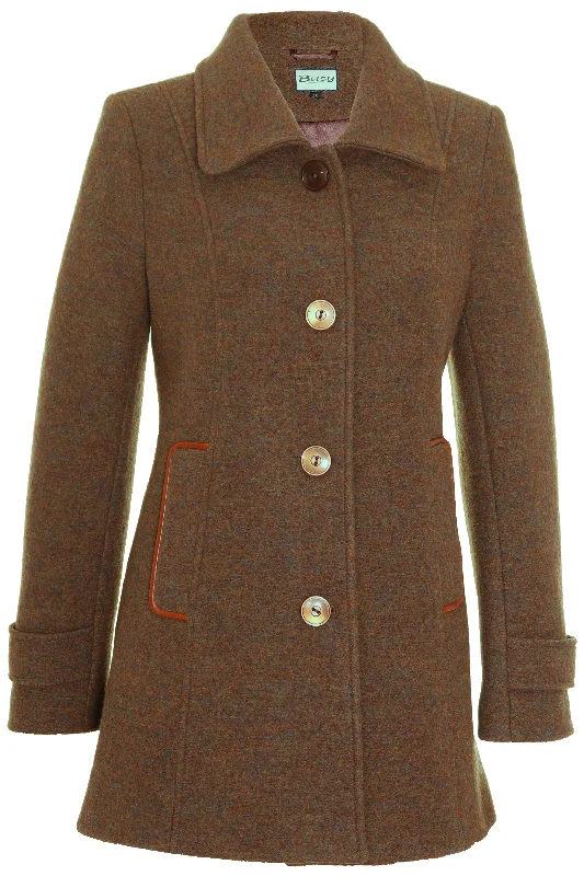 Deep Discounts Busy Womens Dark Camel Melange Wool Coat with Collar