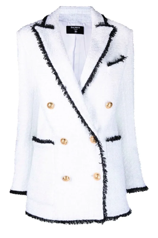 Act Now Balmain 6 Button Fringed Tweed Blazer - White/ Black