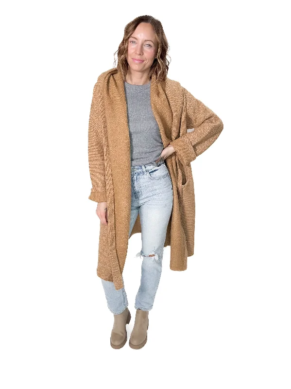 Seasonal Clearance Ellesbeth Oversized Two Pocket Hooded Coatigan- CAMEL