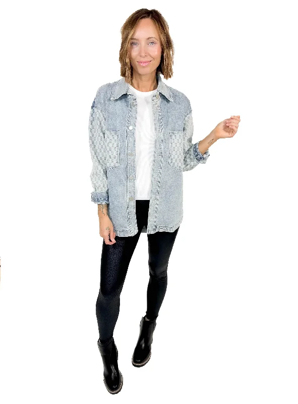 Savings Spectacular Alex Checkerboard Denim Shacket- DENIM -FINAL SALE *L+XL*