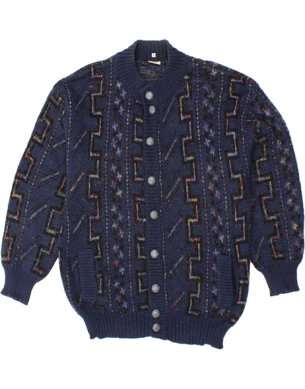 Deal Zone VINTAGE Womens Cardigan Sweater UK 16 Large Navy Blue Geometric Wool