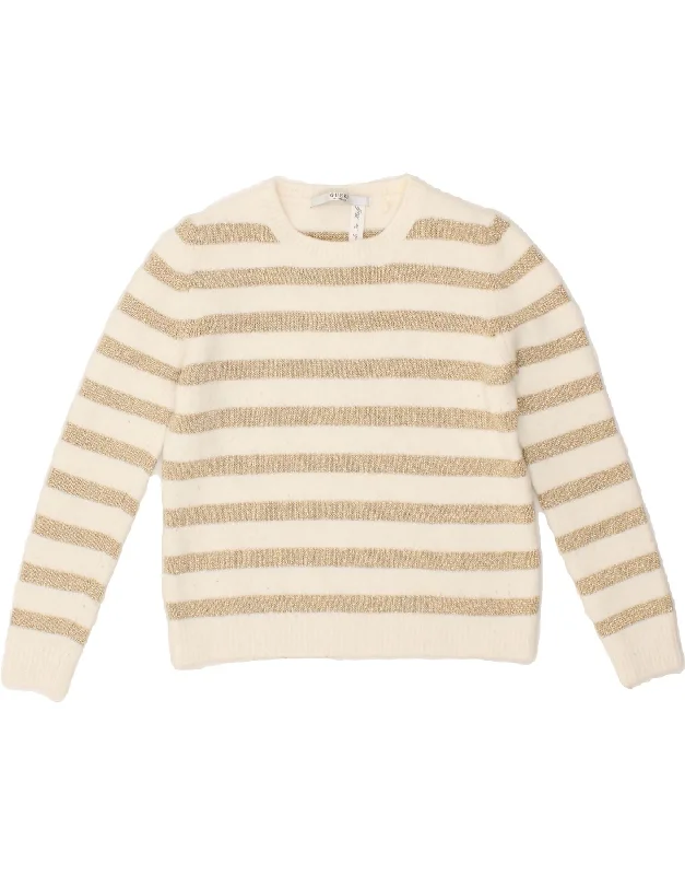 Super Sale GUESS Womens Crew Neck Jumper Sweater UK 12 Medium Beige Striped