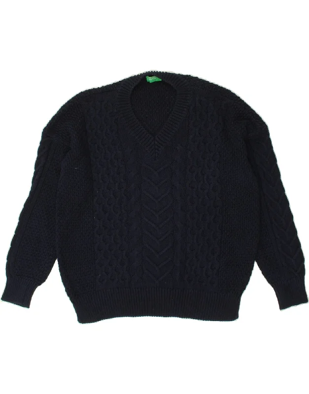 Weekend Special BENETTON Womens V-Neck Jumper Sweater UK 14 Medium Navy Blue Cotton