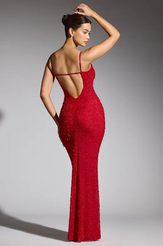 Lowest Prices Embellished Plunge Neck Evening Gown in Red