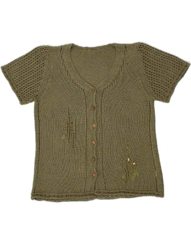 Closeout Sale VINTAGE Womens Short Sleeve Cardigan Sweater UK 14 Medium Green Cotton
