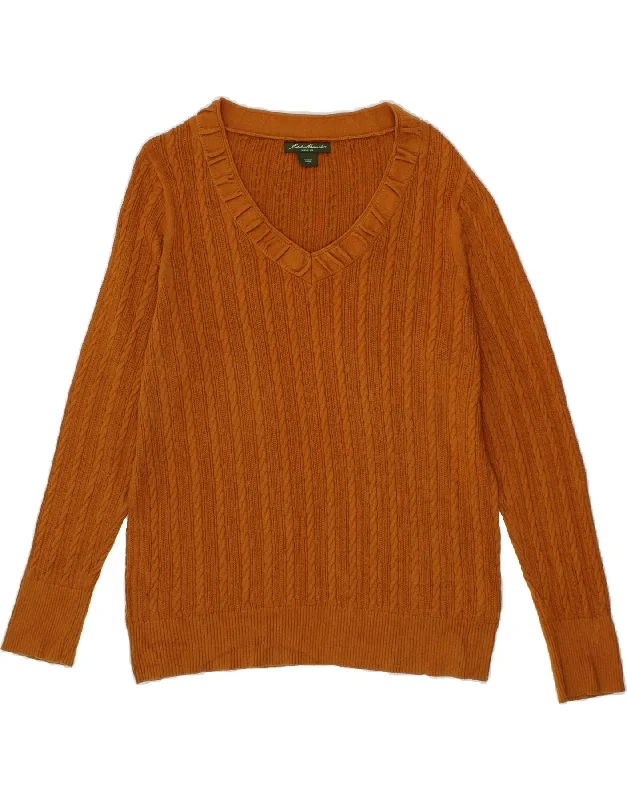 Weekend Flash Sale EDDIE BAUER Womens V-Neck Jumper Sweater UK 18 XL Brown Cotton