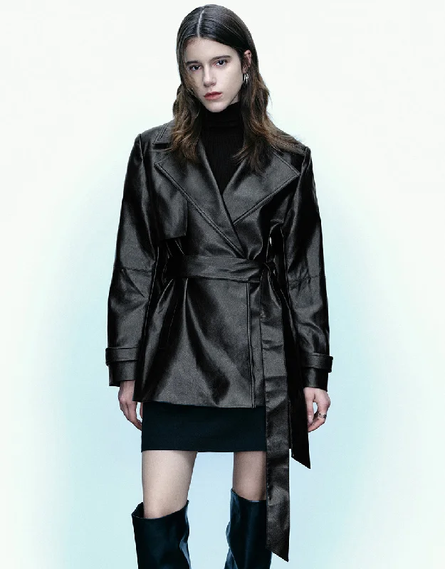 Incredible Offers Vegan Leather Trench Coat With Belt