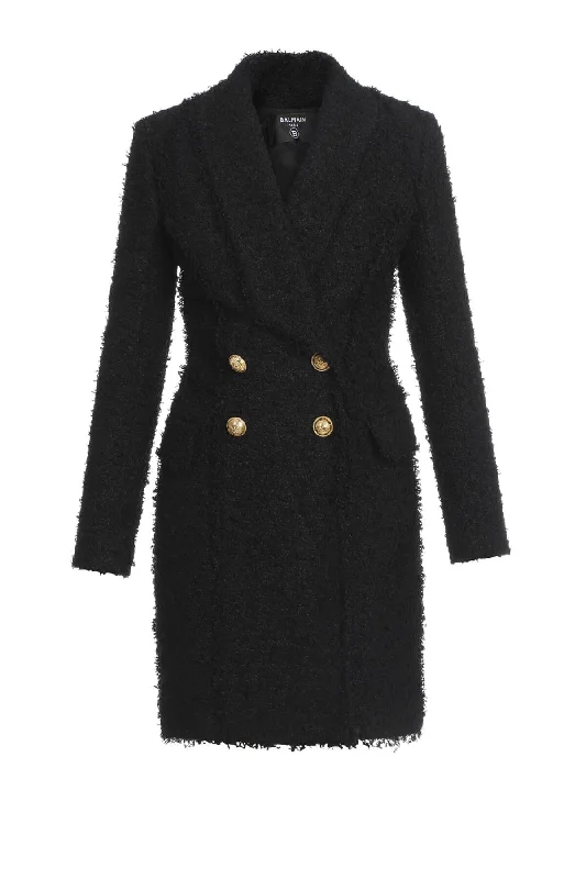Act Fast Balmain Double Breasted Tweed Coat - Black