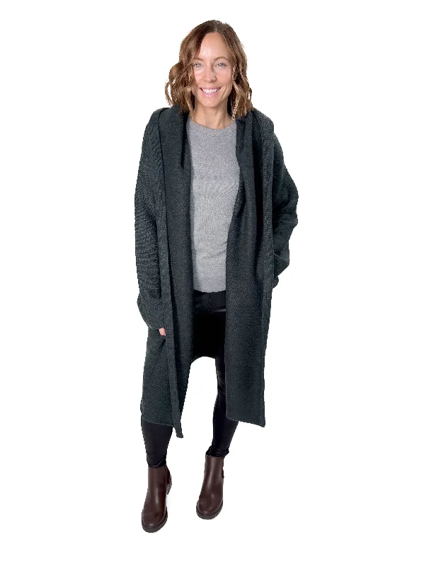 Act Fast Ellesbeth Oversized Two Pocket Hooded Coatigan- DARK PINE