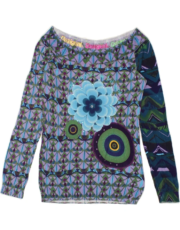 Instant Discount DESIGUAL Womens Graphic Boat Neck Jumper Sweater UK 14 Large Blue Floral