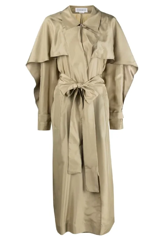 Extra Savings Victoria Beckham Pleated Back Fluid Silk Trench Coat - Lichen Green