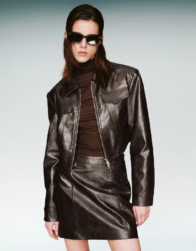 Deep Discounts Cropped Zipper Front Vegan Leather Jacket