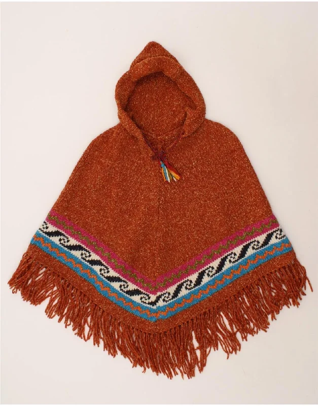 Daily Deals VINTAGE Womens Hooded Poncho Jumper One Size Orange Flecked
