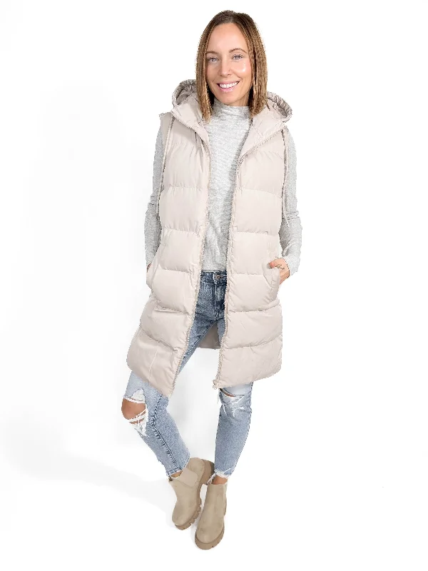 Midnight Madness Mountain Peaks Hooded Puffer Vest- COOL GREIGE