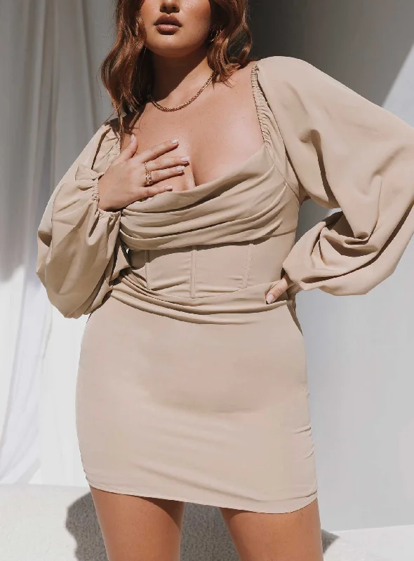 Can't Miss Lillie Long Sleeve Mini Dress Beige