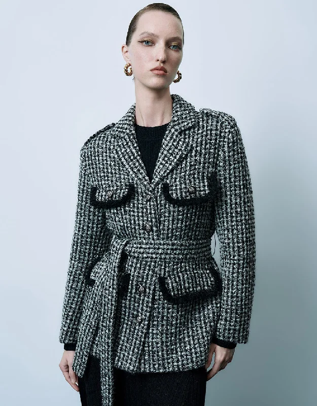 Final Markdown Notch Lapel Tweed Jacket With Belt
