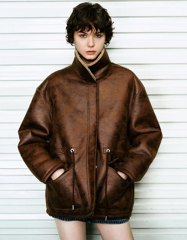 Bonus Savings Stand Collar Vegan Leather Straight Jacket
