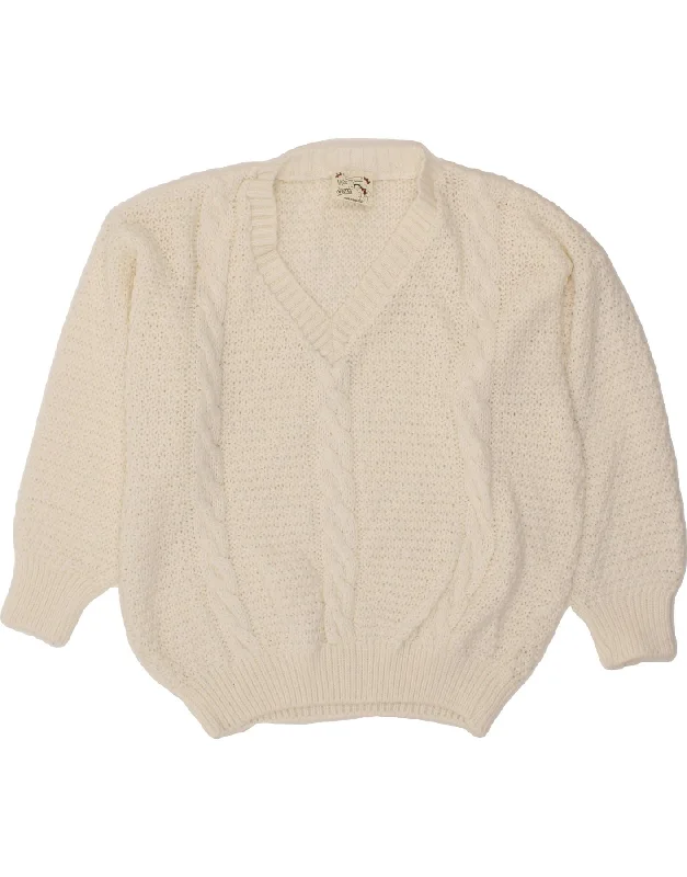 Closeout Sale VINTAGE Womens Oversized V-Neck Jumper Sweater IT 42/44 Medium Off White