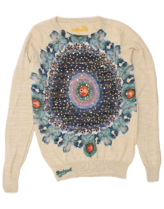 The Best Prices DESIGUAL Womens Crew Neck Jumper Sweater UK 10 Small Beige Floral Cotton The Best Prices DESIGUAL Womens Crew Neck Jumper Sweater UK 10 Small Beige Floral Cotton