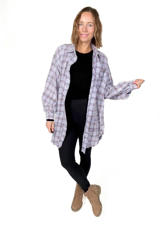 Deal Explosion Fenton Oversized Plaid Button Shacket- PERIWINKLE BLUE