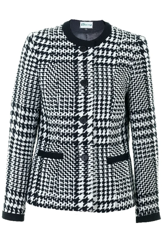 Shop and Save Busy Clothing Women Navy and White Houndstooth Pattern Jacket with Round Neck