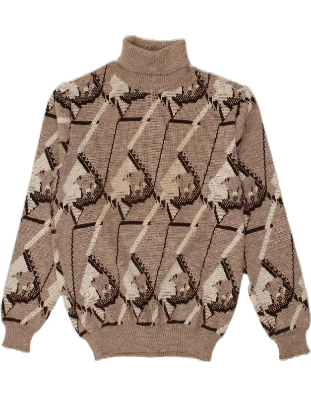 Special Price VINTAGE Womens Abstract Pattern Roll Neck Jumper Sweater UK 16 Large Brown
