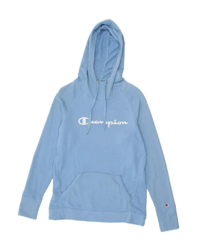 Steals and Deals CHAMPION Womens Graphic Hoodie Jumper UK 14 Medium Blue Cotton
