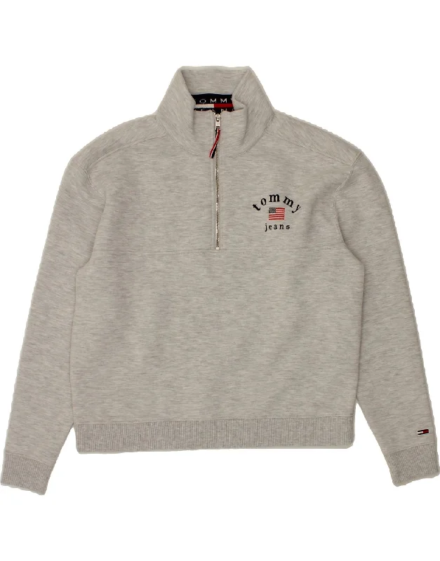 Online Only TOMMY HILFIGER Womens Graphic Zip Neck Sweatshirt Jumper UK 16 Large Grey