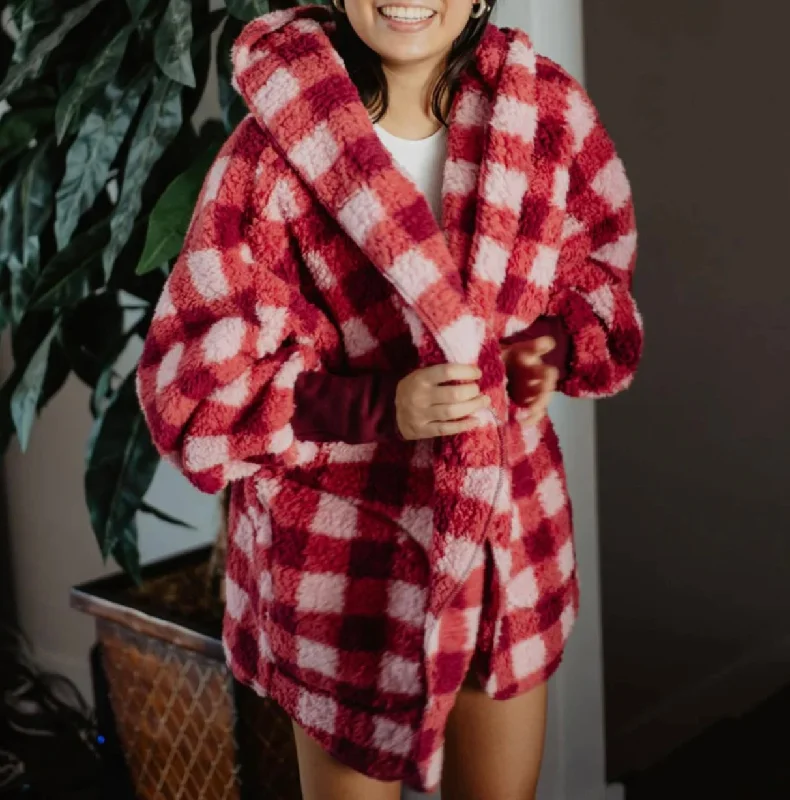 YEAR-End Sale Pink & Red Plaid Hooded Cardigan Body Wrap