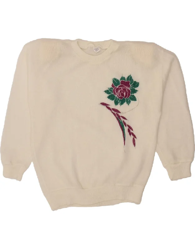 Online Only VINTAGE Womens Crew Neck Jumper Sweater UK 14 Medium White Floral Acrylic