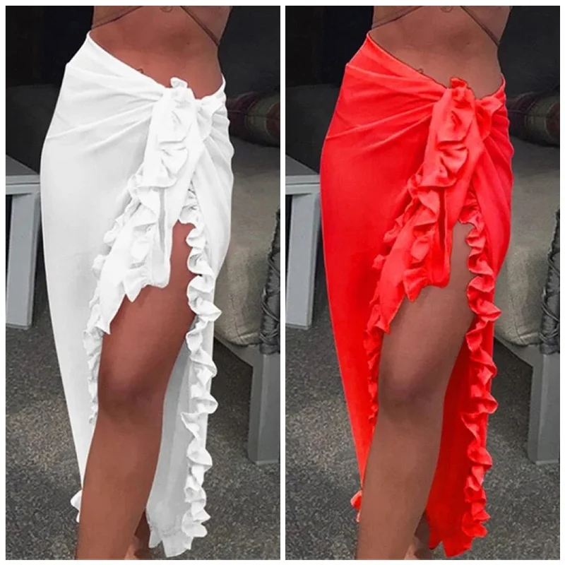 Final Clearance Ruffled Chiffon Bikini Wrap Sarong (Red Only)