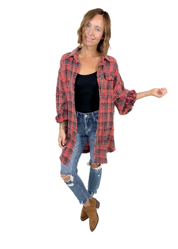Unmissable Offer Fenton Oversized Plaid Button Shacket- FADED CORAL RED