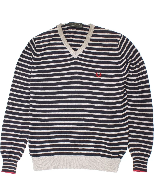 Markdown Madness FRED PERRY Womens V-Neck Jumper Sweater UK 14 Medium Navy Blue Striped