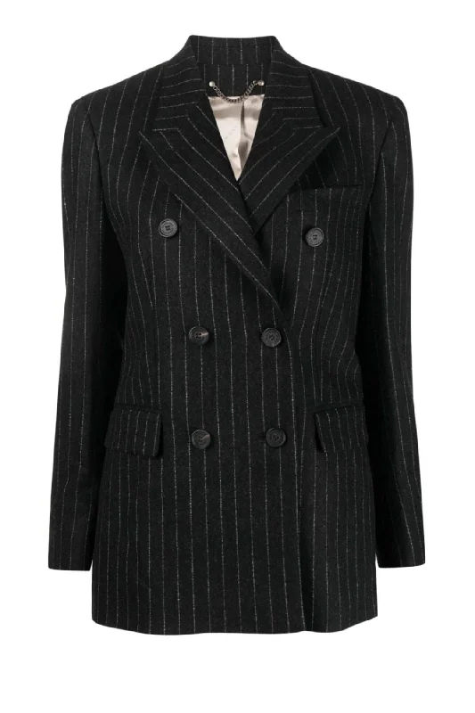 Early Access Golden Goose Double Breasted Flannel Pinstripes Blazer - Melange Dark Grey/ Arctic Wolf